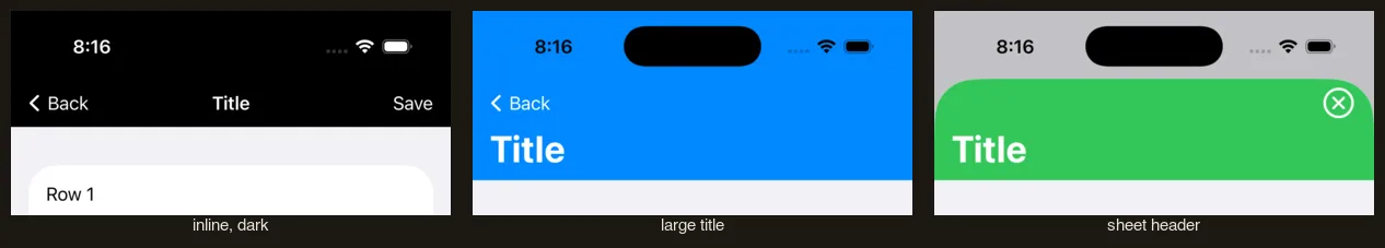 The custom bar: inline on black, a large title, and a sheet header