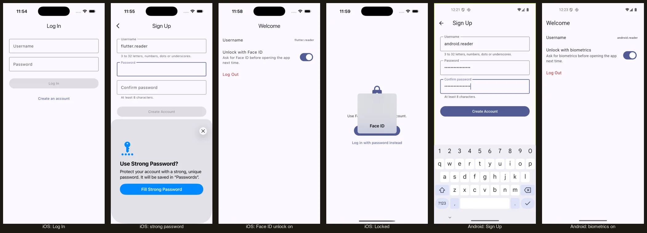 Log In, Sign Up with a suggested strong password, Welcome with Face ID unlock, and the Locked screen on iOS, next to Sign Up and Welcome on Android