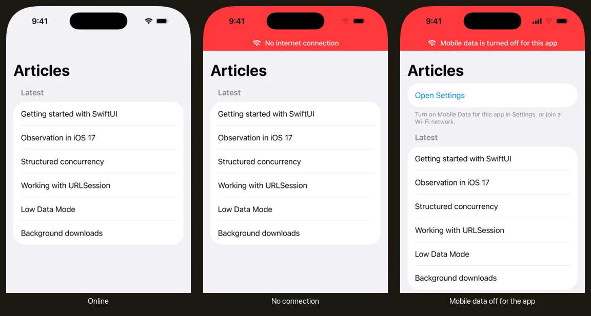 The same screen online with no banner, with the red No internet connection banner, and with the Mobile data is turned off for this app banner and an Open Settings button