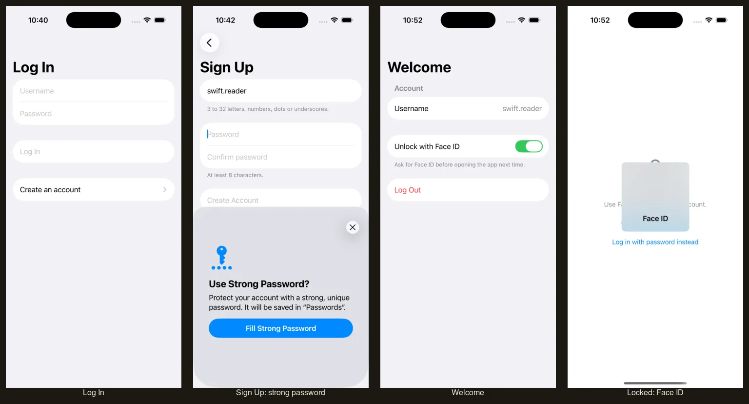 Log In, Sign Up with a suggested strong password, Welcome with Face ID unlock, and the Locked screen