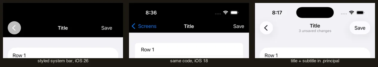 The same black bar drawn by the system on iOS 26 and iOS 18, and a title with a subtitle