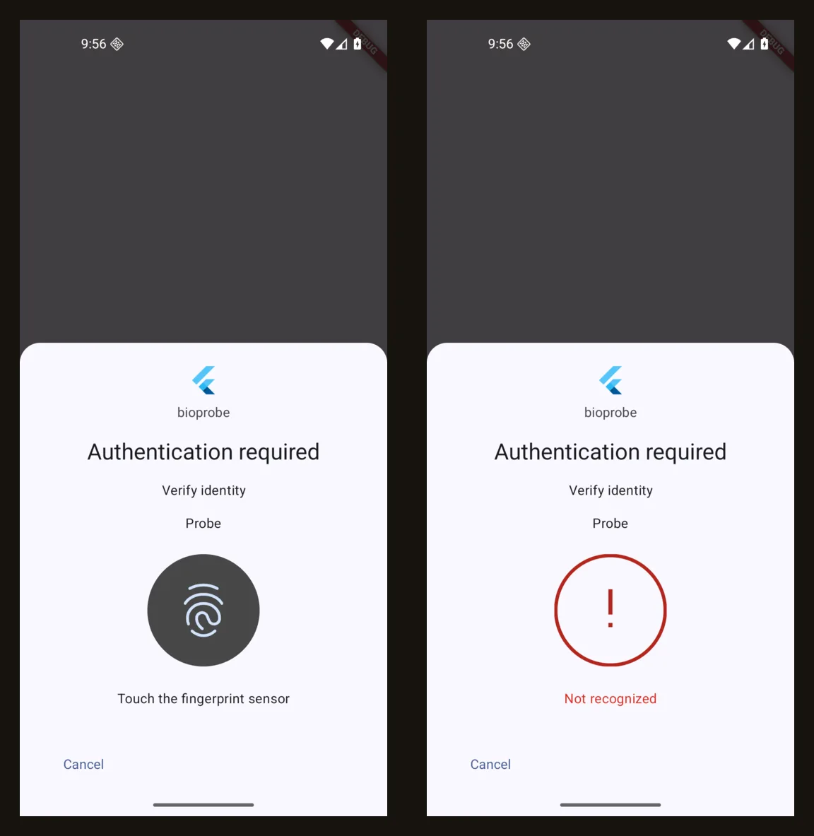 The fingerprint prompt in the Android emulator, and the same prompt showing Not recognized after a finger that is not enrolled