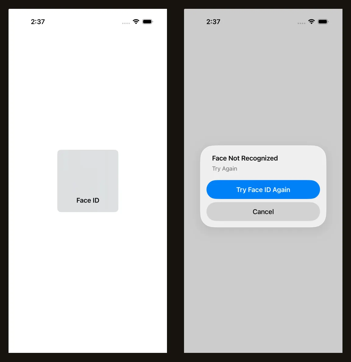 The Face ID prompt in the simulator, and the Face Not Recognized alert after a non-matching face