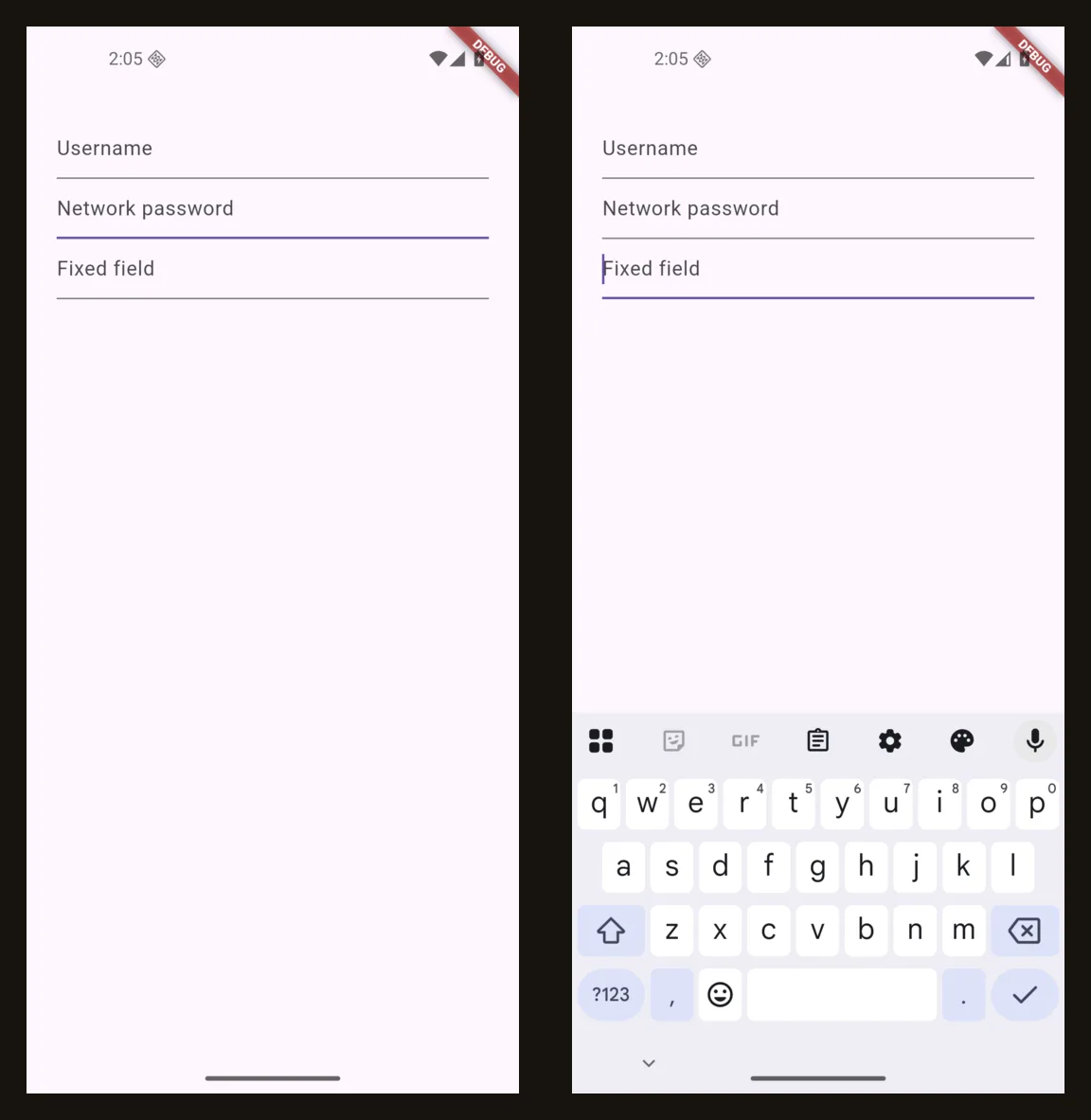 A Flutter debug build on Android: the field with TextInputAction.join is focused with no keyboard, and the field with a platform-specific action opens the keyboard